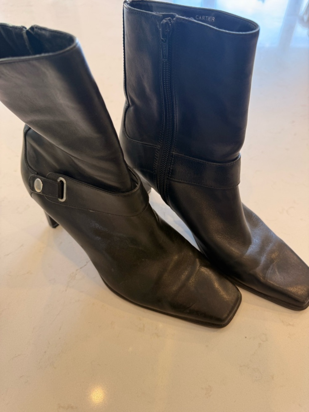 Black Leather Ankle Booties with Buckle Strap